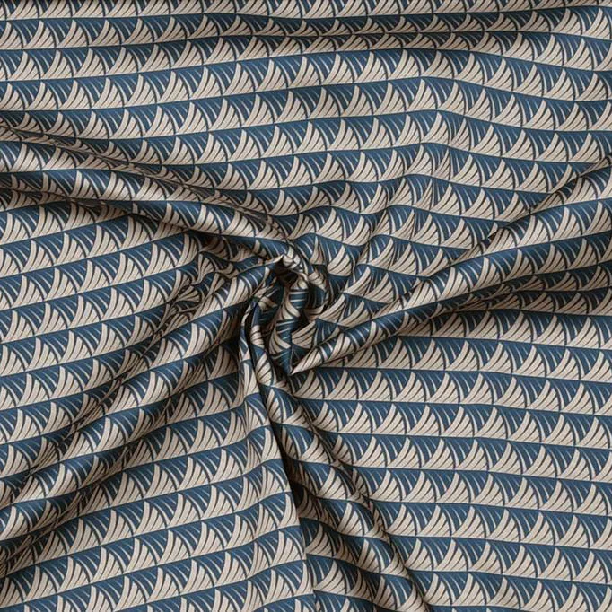 Polyester ecru met blauw motief